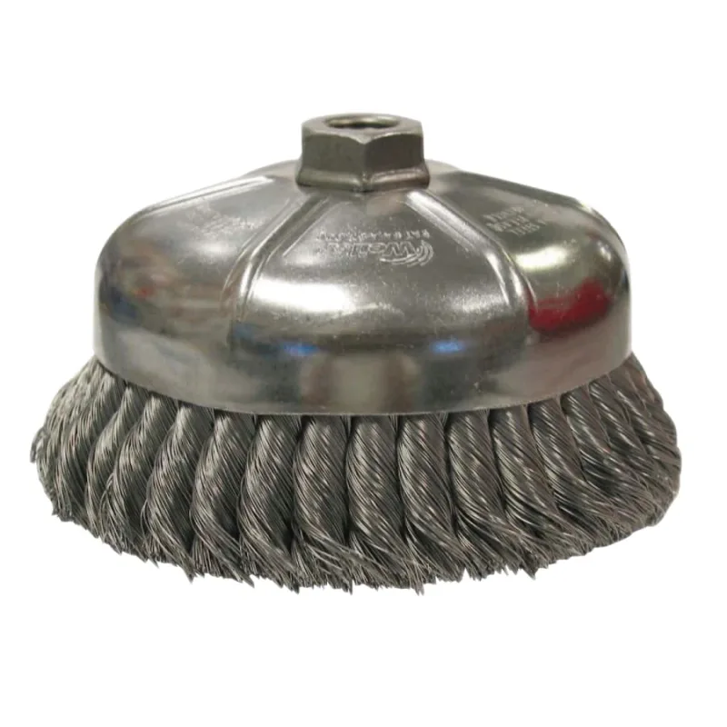 Single Row Heavy-Duty Knot Cup Brush, 6 in Dia., 5/8-11, 1 3/8 x .023 Stainless