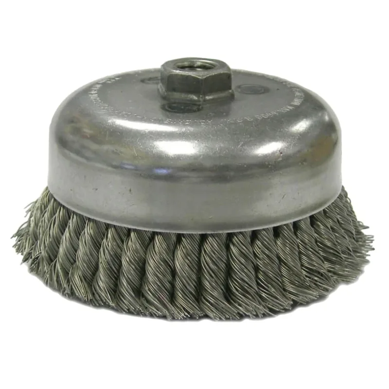 Heavy-Duty Knot Wire Cup Brush, 6 in Dia., 5/8-11 UNC Arbor, 1 3/8 x .035 Wire