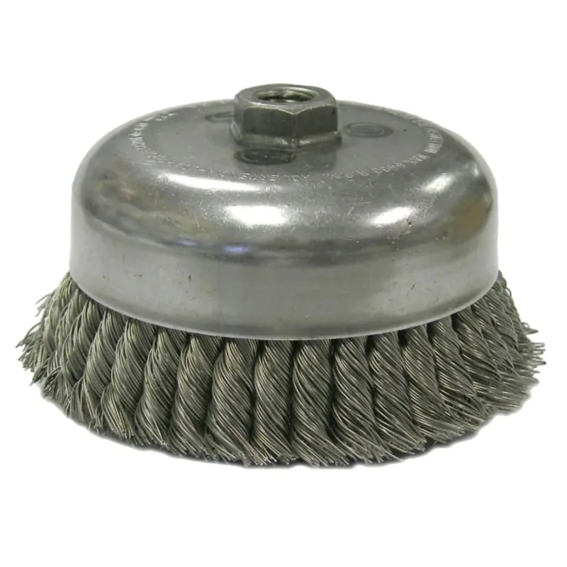 Double Row Heavy-Duty Knot Wire Cup Brush, 6 in Dia., 5/8-11 UNC Arbor, .023 in Stainless