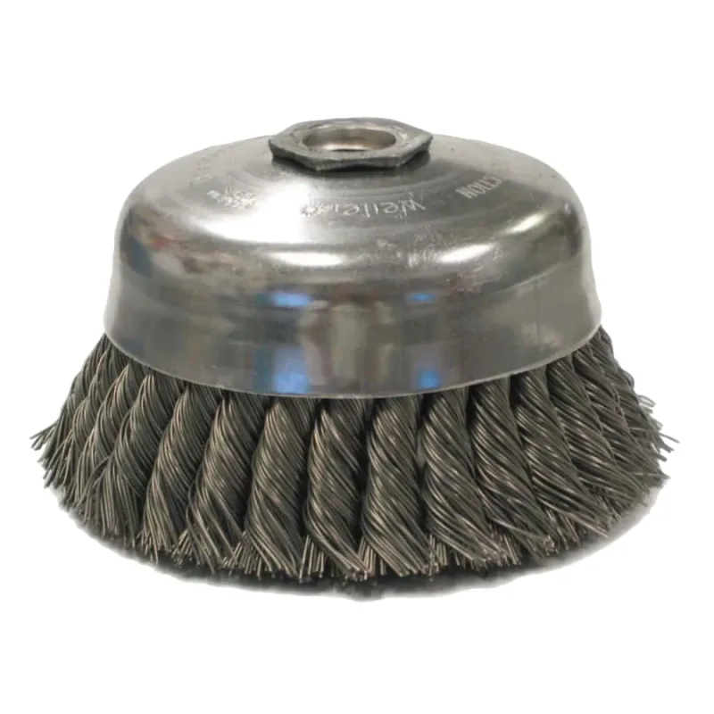 Single Row Heavy-Duty Knot Wire Cup Brush, 6 in Dia., 5/8-11 UNC, 1 3/8 x .023 Steel