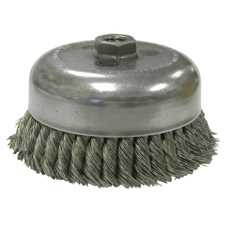 Heavy-Duty Knot Wire Cup Brush, 6 in Dia., 5/8-11 UNC Arbor, 1.5 x .014 Wire