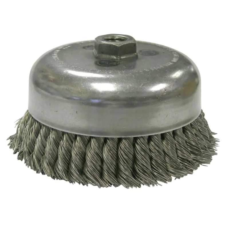 Double Row Heavy-Duty Knot Wire Cup Brush, 6 in Dia., 5/8-11 UNC Arbor, 1.5 x .023 in Steel