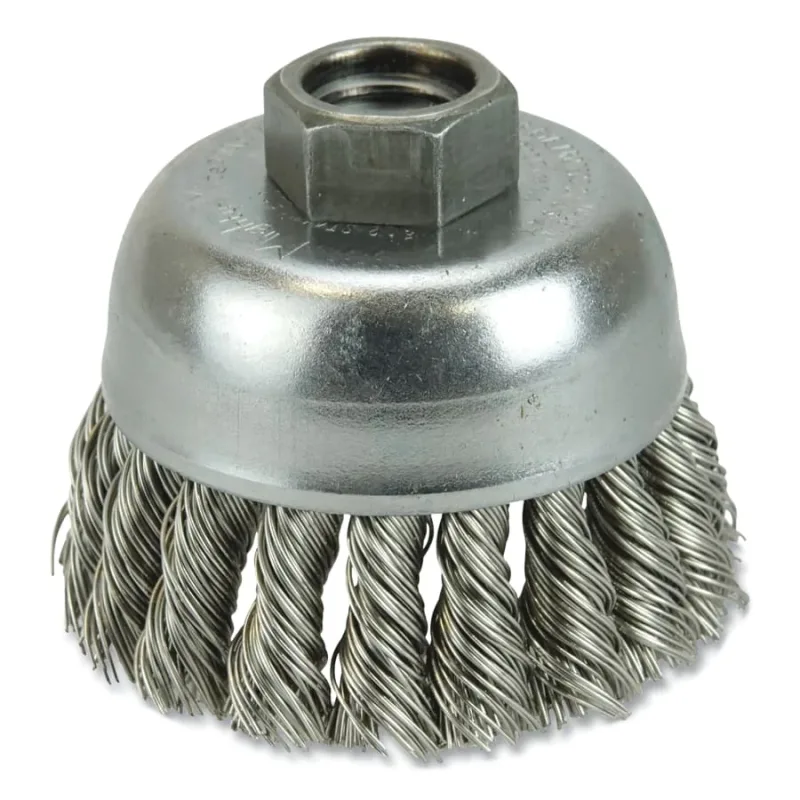 2-3/4 in Single Row Knot Wire Cup Brush, 0.014 in Stainless Steel Fill, 5/8 in-11 UNC Nut