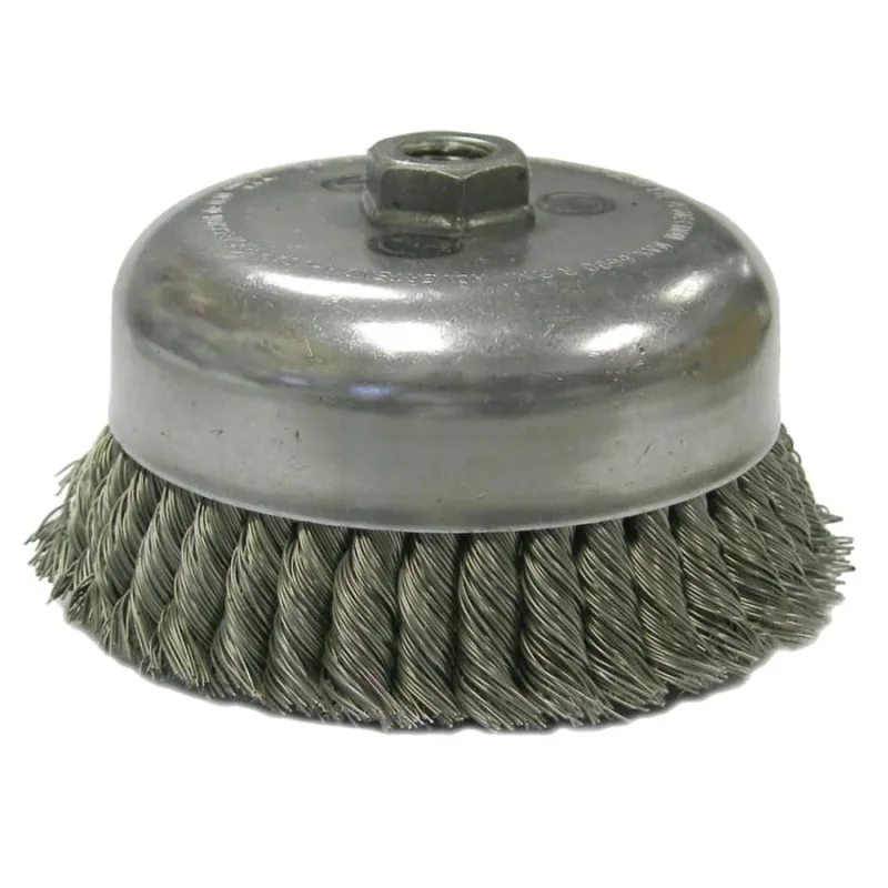 Single Row Heavy-Duty Knot Wire Cup Brush, 2-3/4 Dia., 3/8-24 UNF, .02 Stainless