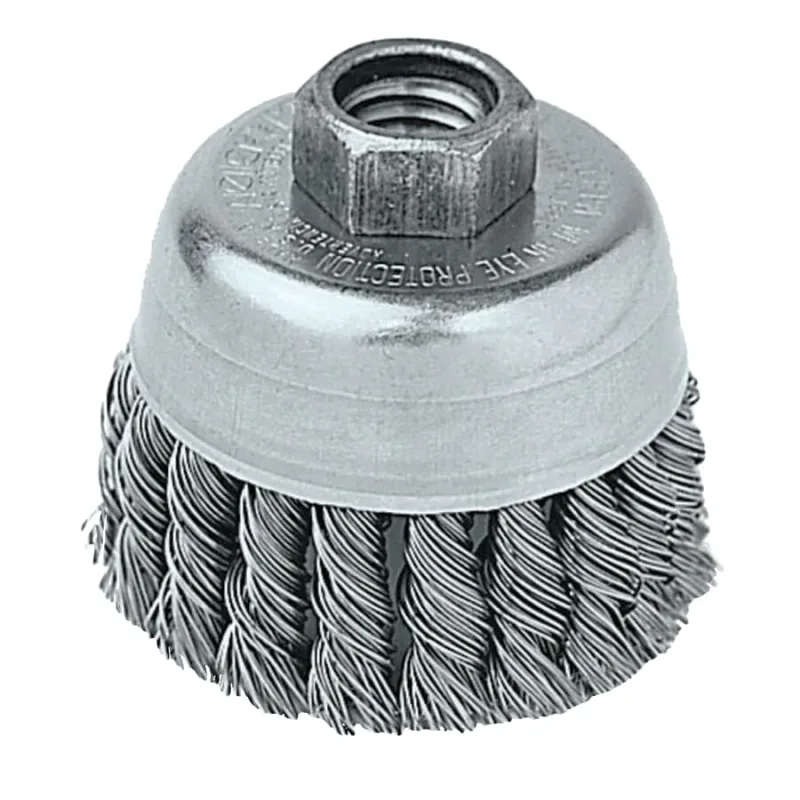 Single Row Heavy-Duty Knot Wire Cup Brush, 2-3/4 dia, 5/8 to 11 UNC, 0.02 Stainless