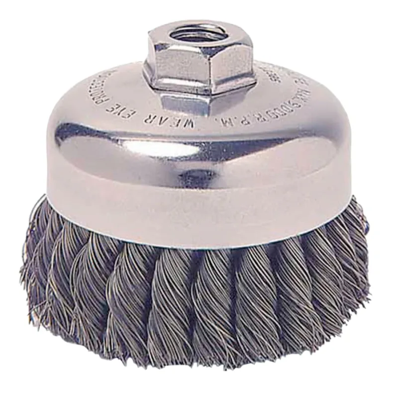 Single Row Heavy-Duty Knot Wire Cup Brush, 2 3/4 in Dia., 1/2-13 UNC, .02 Steel