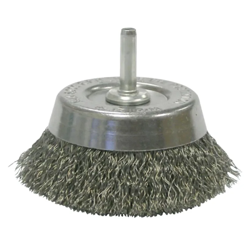 Stem-Mounted Crimped Wire Cup Brush, 2-3/4 in dia, 0.0118 in Steel Wire