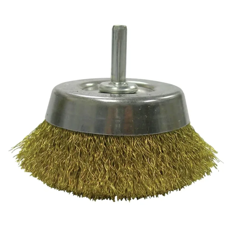 Stem-Mounted Crimped Wire Cup Brush, 2 3/4 in Dia., .0118 Brass Wire