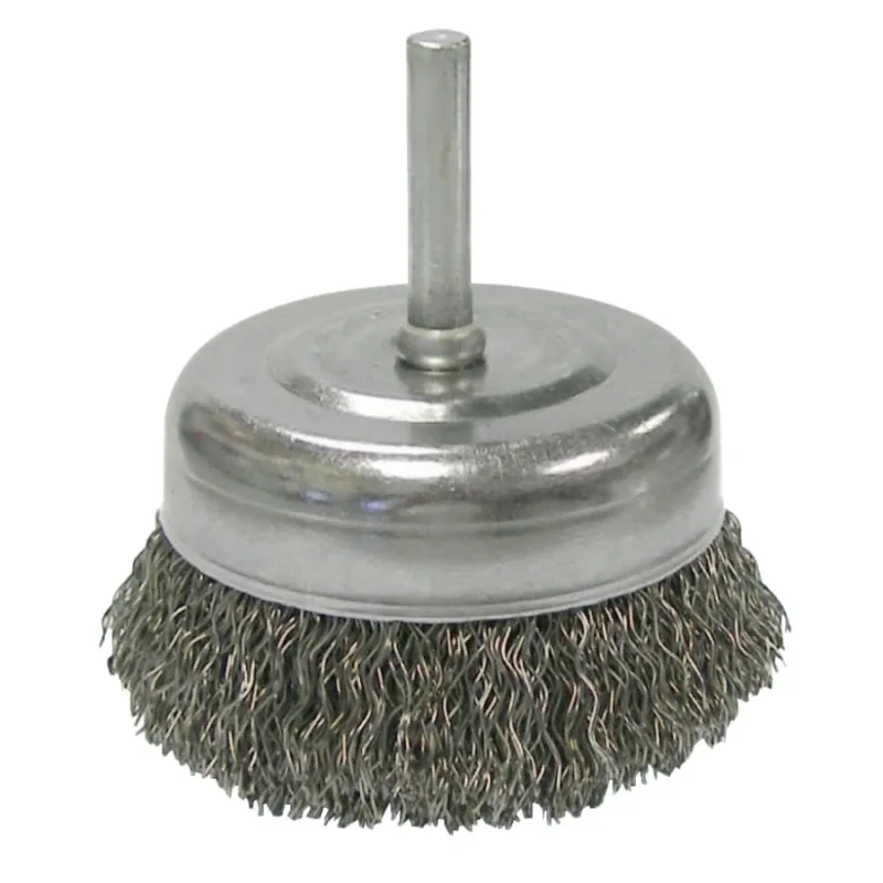 Stem-Mounted Crimped Wire Cup Brush, 2 1/2 in Dia., .014 in Steel