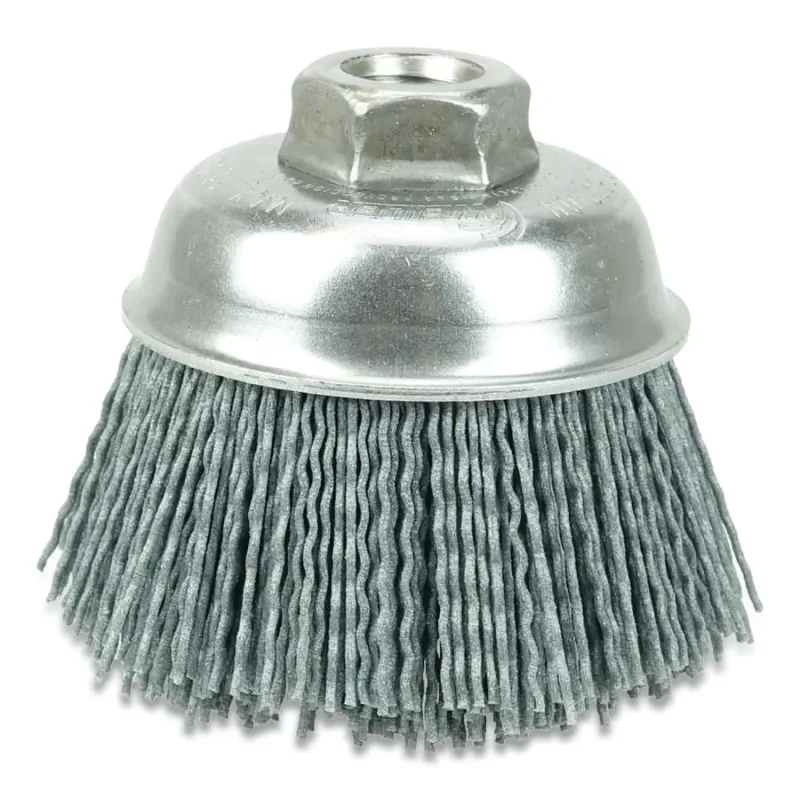 3-1/2 in Nylox Cup Brush, 0.040/120SC Crimped Fill, 5/8 in-11 UNC Nut