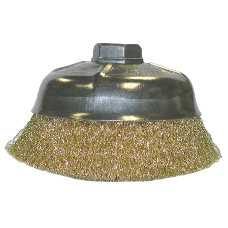 Crimped Wire Cup Brush, 5 in Dia., 5/8-11 UNC Arbor, Brass Wire