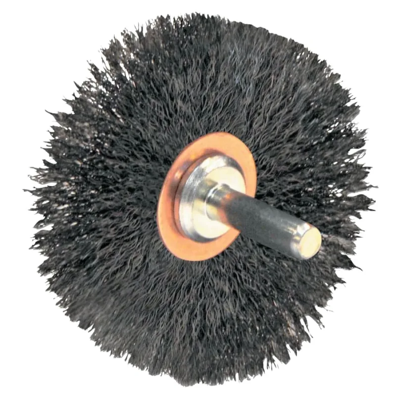 Stem-Mounted Narrow Conflex Brush, 3 in dia x 1/2 in W Face, 0.008 in Steel, 20000 RPM, 1/4 in Stem