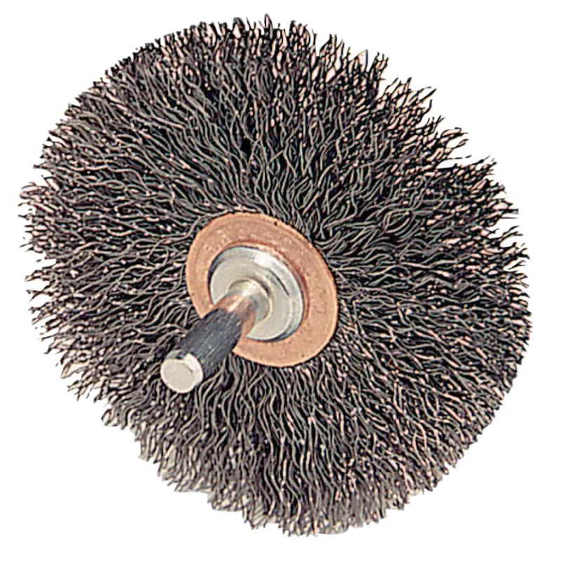 Stem-Mounted Narrow Conflex Brush, 3 in dia x 1/2 in W Face, 0.0118 in Steel, 20000 RPM, 1/4 in Stem