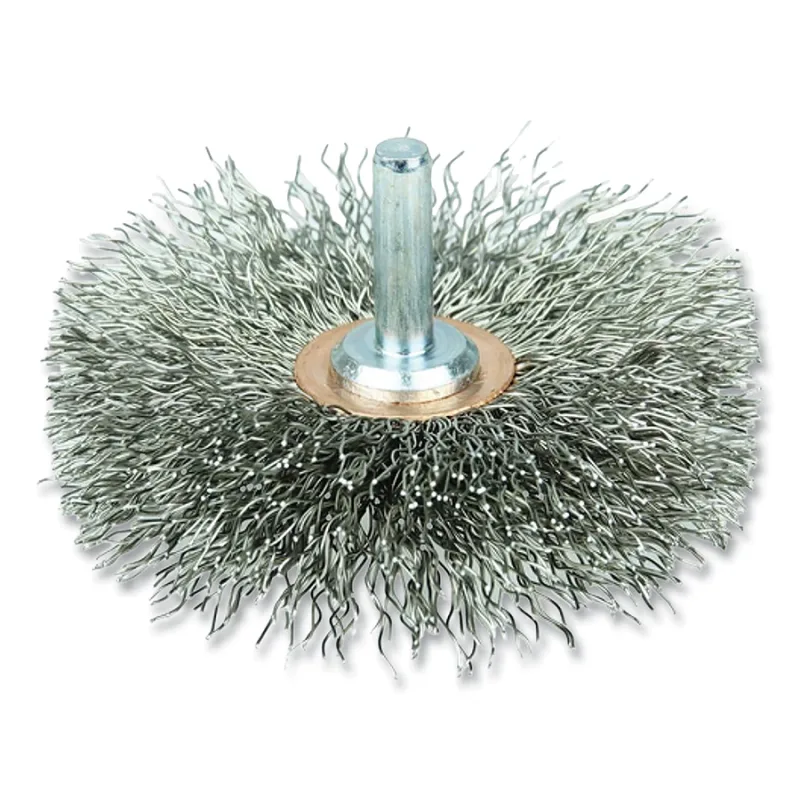 3 in Stem-Mounted Crimped Wire Wheel, 0.014 in Stainless Steel Fill, 1/4 in Stem, Vending Ready