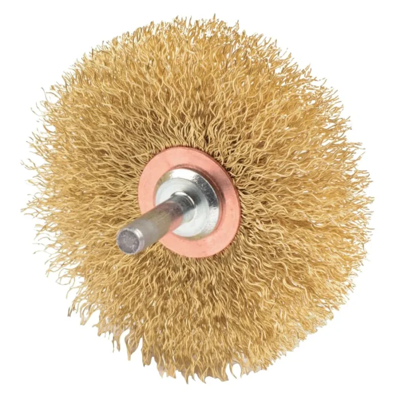 Stem-Mounted Narrow Conflex Brush, 3 in dia x 1/2 in W Face, 0.0118 in Brass Wire, 20000 RPM, 1/4 in Stem