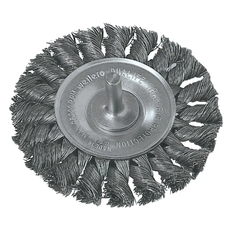 Standard Twist Knot Wire Wheel, 3-1/4 in dia x 3/8 in W Face, 0.0118 in Steel Wire, 25000 RPM, 1/4 in Stem