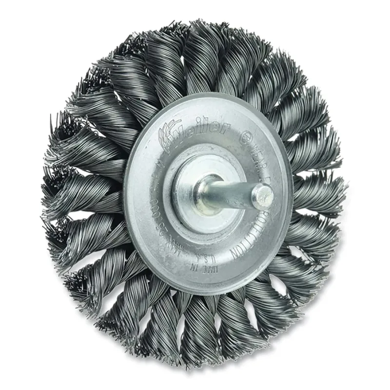 3-1/4 in Stem-Mounted Knot Wire Wheel, 0.014 in Steel Fill, 1/4 in Stem, Vending Ready