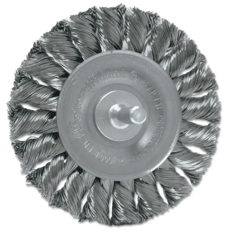 Standard Twist Knot Wire Wheel, 3-1/4 in dia x 3/8 in W Face, 0.014 in Stainless Steel Wire, 25000 RPM, 1/4 in Stem