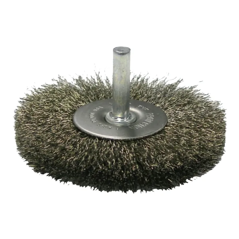 Crimped Wire Radial Wheel Brush, 3 in dia x 1/2 in W Face, 0.014 Stainless Steel Wire, 20000 RPM, 1/4 in Stem
