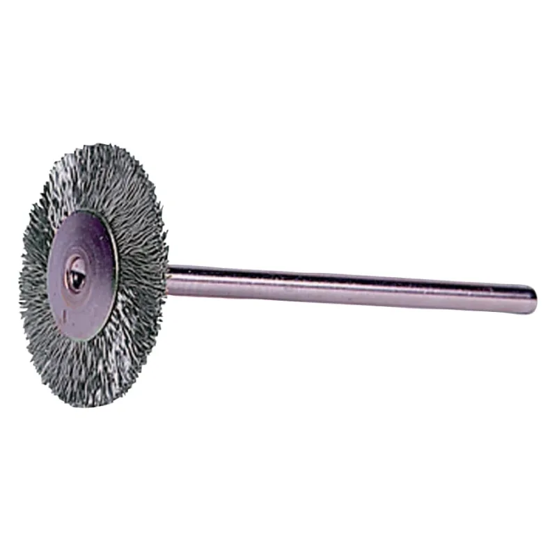 Miniature Stem-Mounted Wheel Brush, 1 in Dia., 0.003 in Steel Wire, 37,000 rpm