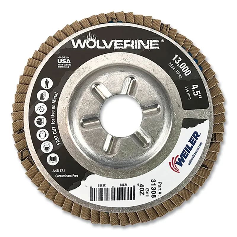 Wolverine® Abrasive Flap Disc, 4.5 in dia x 7/8 in Arbor, 40 Grit, 13000 RPM, Alum Back
