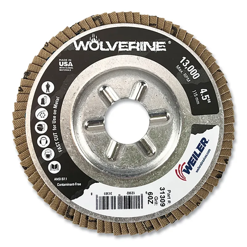 Wolverine® Abrasive Flap Disc, 4-1/2 in dia x 7/8 in Arbor, 60 Grit, 13000 RPM