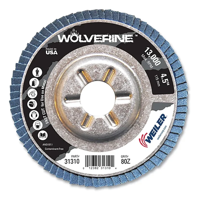 Wolverine® Abrasive Flap Disc, 4.5 in dia x 7/8 in Arbor, 80 Grit, 13000 RPM, Alum Back