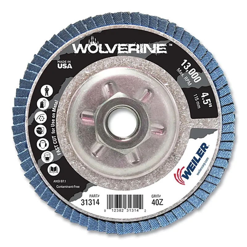 Wolverine® Abrasive Flap Disc, 4.5 in dia, 40 Grit, 5/8 Arbor, 13000 RPM, Alum Back
