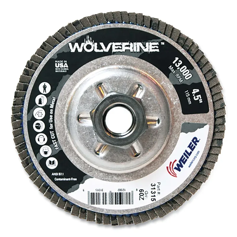 Wolverine® Abrasive Flap Disc, 4-1/2 in dia, 60 Grit, 5/8 in-11, 13000 RPM, Type 29