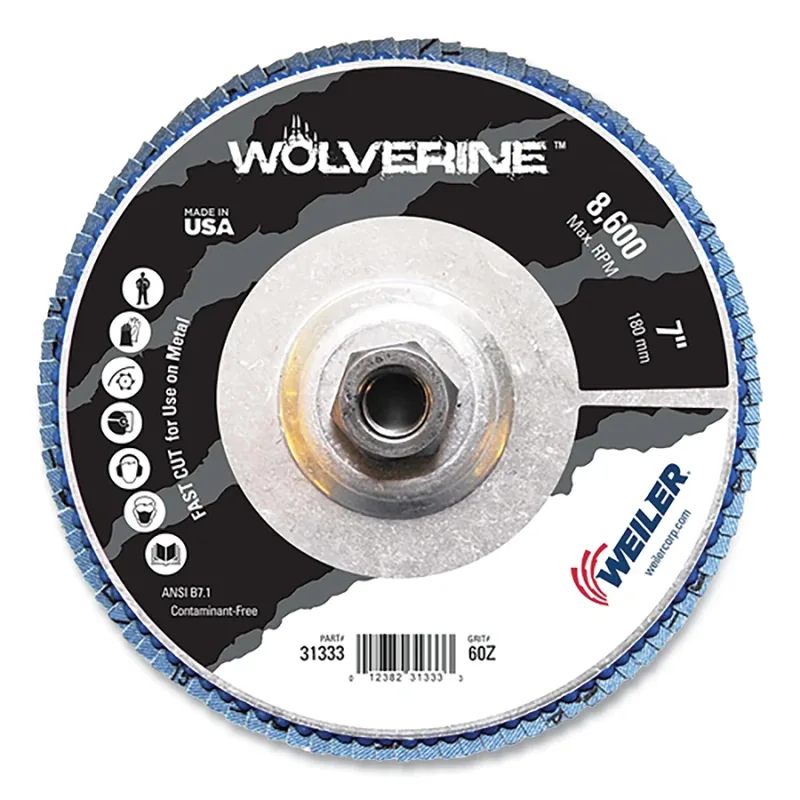Wolverine® Abrasive Flap Disc, 7 in dia, 60 Grit, 5/8 Arbor, 8600 RPM, Alum Back