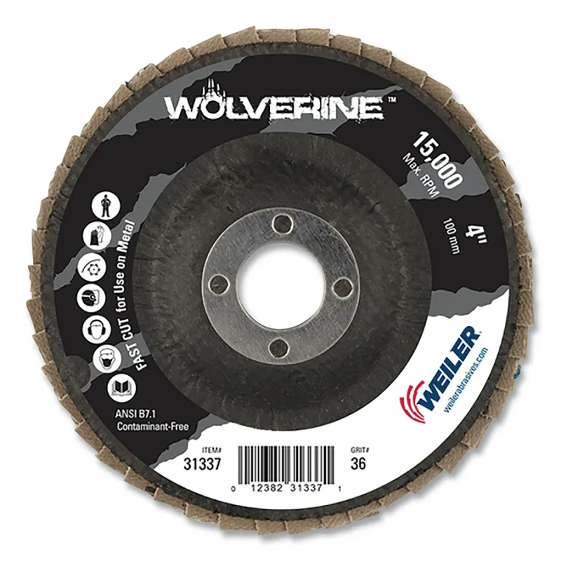 Wolverine® Abrasive Flap Disc, 4 in dia x 5/8 in Arbor, Angled, 36 Grit, Phenolic Back