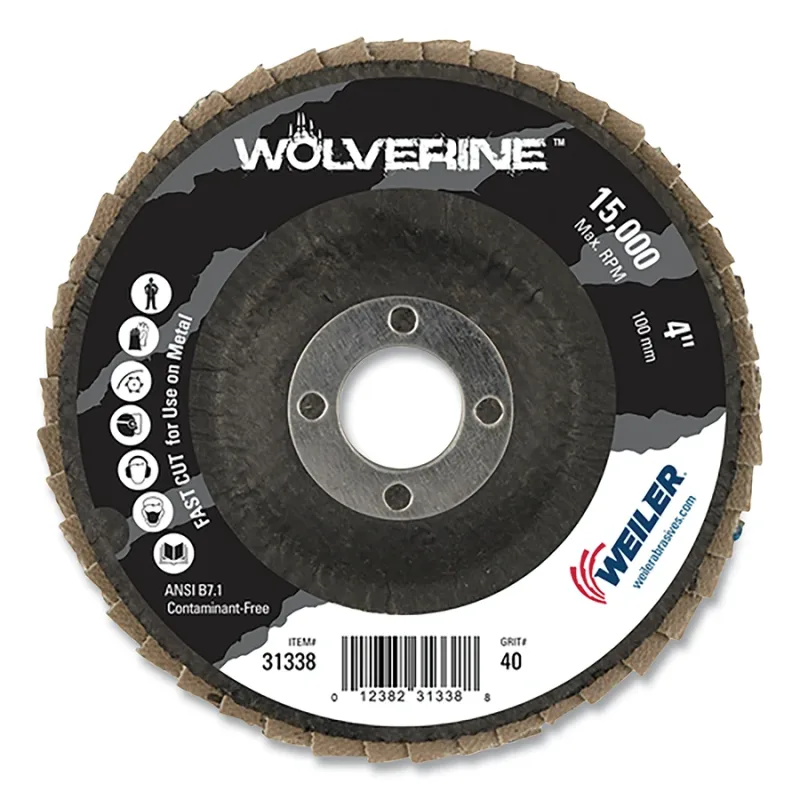 Wolverine® Abrasive Flap Disc, 4 in dia x 5/8 in Arbor, Angled, 40 Grit, Phenolic Back
