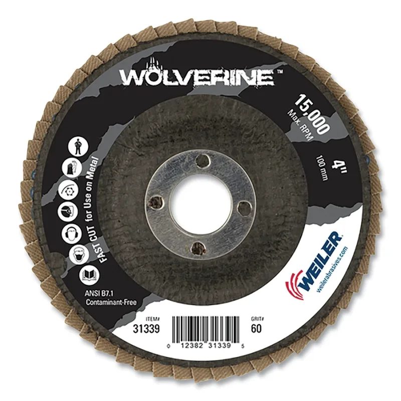 Wolverine® Abrasive Flap Disc, 4 in dia x 5/8 in Arbor, Angled, 60 Grit, Phenolic Back