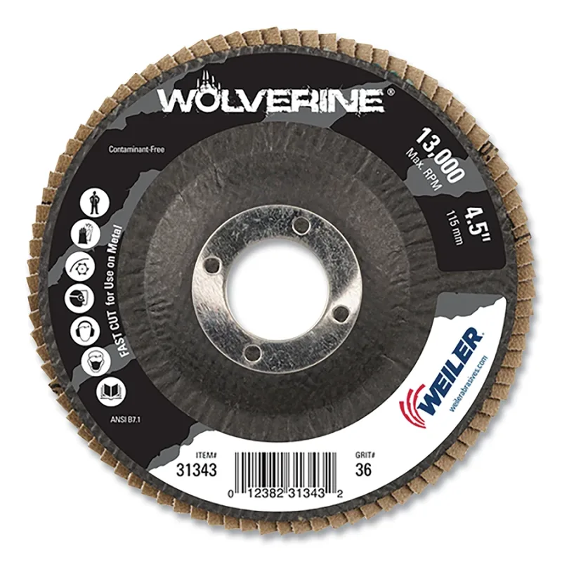 Wolverine® Abrasive Flap Disc, 4-1/2 in dia x 7/8 in Arbor, 36 Grit, 13000 RPM, Type 29