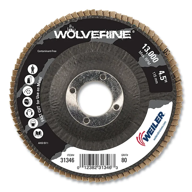 Wolverine® Abrasive Flap Disc, 4-1/2 in dia x 7/8 in Arbor, 80 Grit, 13000 RPM, Type 29