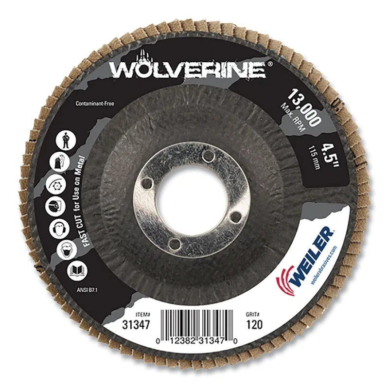 Wolverine® Abrasive Flap Disc, 4-1/2 in dia x 7/8 in Arbor, 120 Grit, 13000 RPM