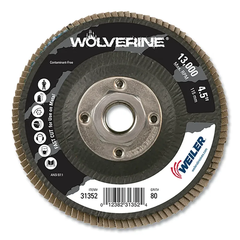 Wolverine® Abrasive Flap Disc, 4-1/2 in dia, 80 Grit, 5/8 in-11, 13000 RPM, Type 29