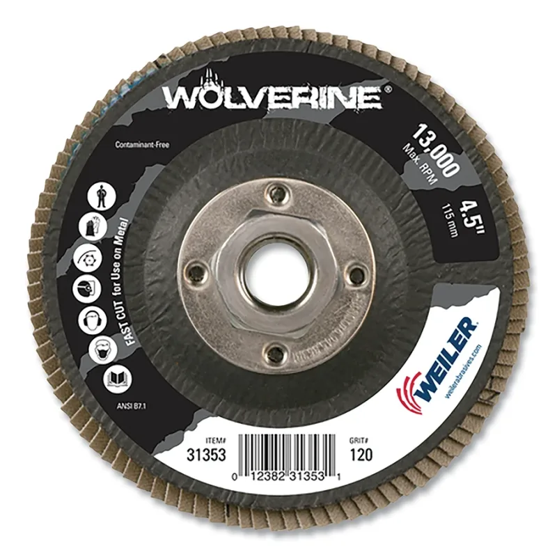 Wolverine® Abrasive Flap Disc, 4-1/2 in dia, 120 Grit, 5/8 in-11, 13000 RPM, Type 29
