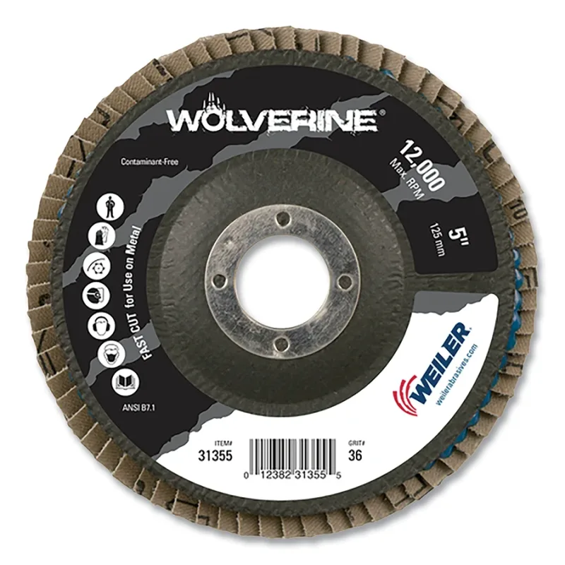 Wolverine® Abrasive Flap Disc, 5 in dia x 7/8 in Arbor, 36 Grit, Angled, Phenolic Back