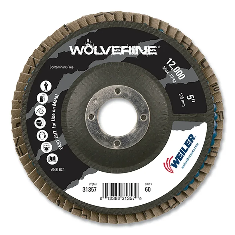Wolverine® Abrasive Flap Disc, 5 in dia x 7/8 in Arbor, 60 Grit, Angled, Phenolic Back