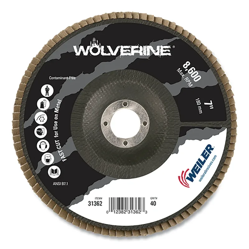 Wolverine® Abrasive Flap Disc, 7 in dia x 7/8 in Arbor, 40 Grit, 8600 RPM, Phenolic
