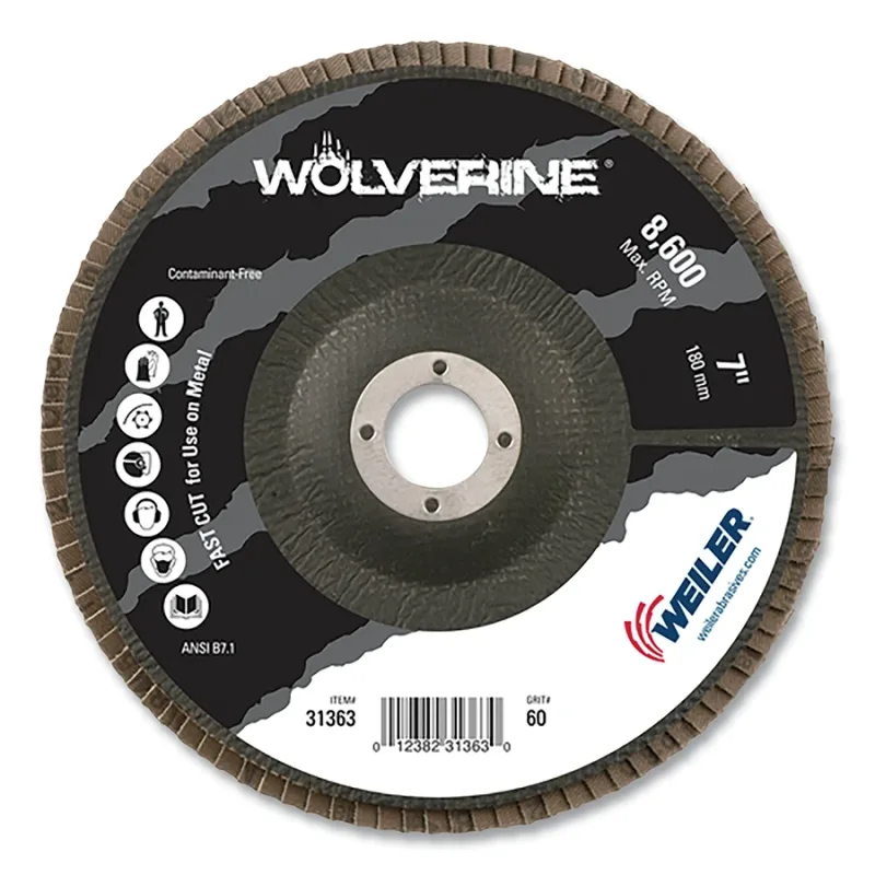 Wolverine® Abrasive Flap Disc, 7 in dia x 7/8 in Arbor, 60 Grit, 8600 RPM, Phenolic