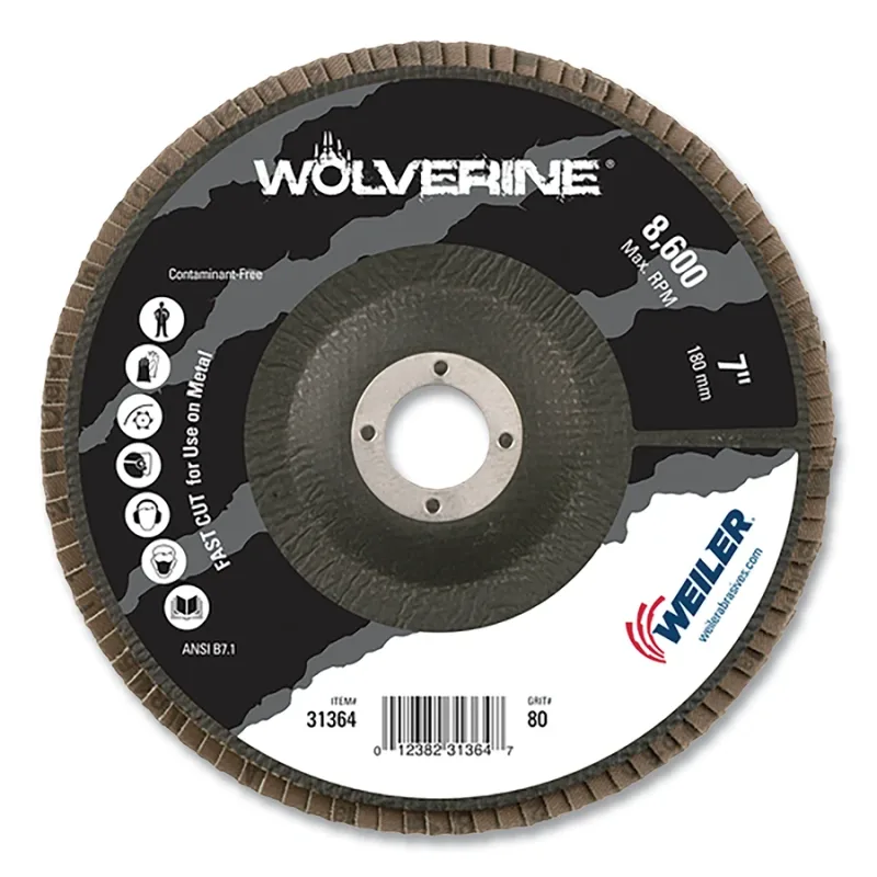 Wolverine® Abrasive Flap Disc, 7 in dia x 7/8 in Arbor, 80 Grit, 8600 RPM, Phenolic