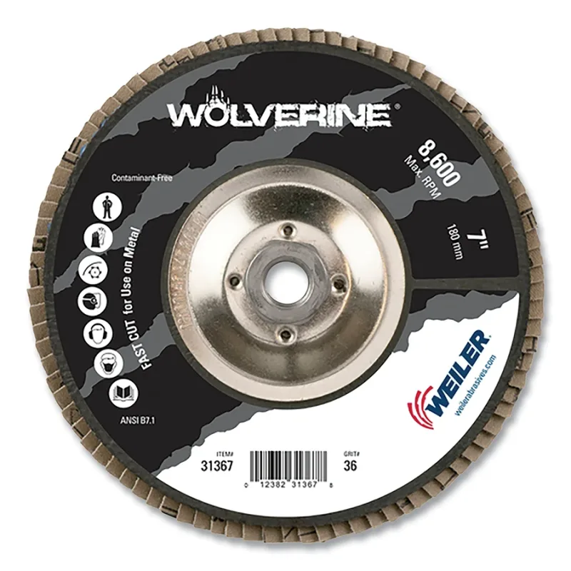 Wolverine® Abrasive Flap Disc, 7 in dia x 5/8 in-11 Arbor UNC, 36 Grit, 8600 RPM, Type 29