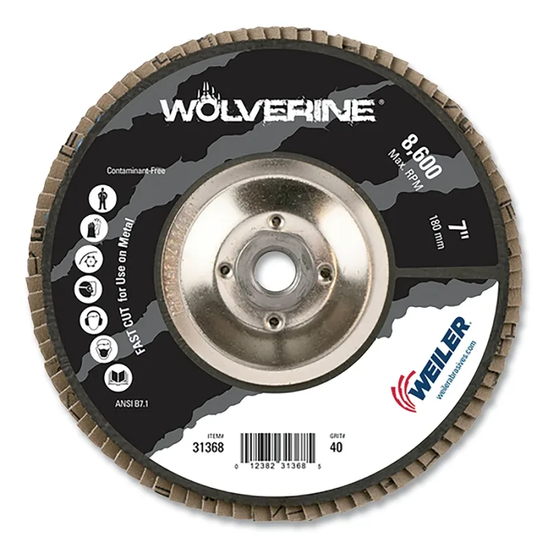 Wolverine® Abrasive Flap Disc, 7 in dia x 5/8 in-11 Arbor UNC, 40 Grit, 8600 RPM, Type 29