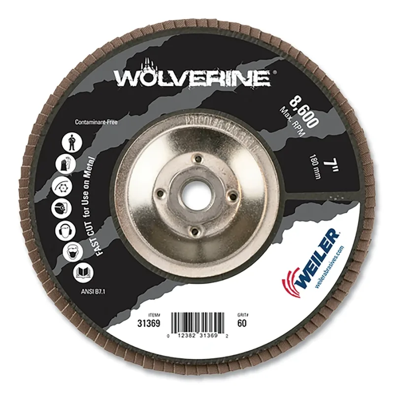 Wolverine® Abrasive Flap Disc, 7 in dia x 5/8 in-11 Arbor UNC, 60 Grit, 8600 RPM, Type 29