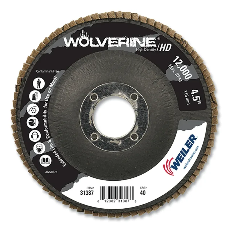 Wolverine® Abrasive Flap Disc, High Density, 4-1/2 in dia x 7/8 in Arbor, 40 Grit, Flat
