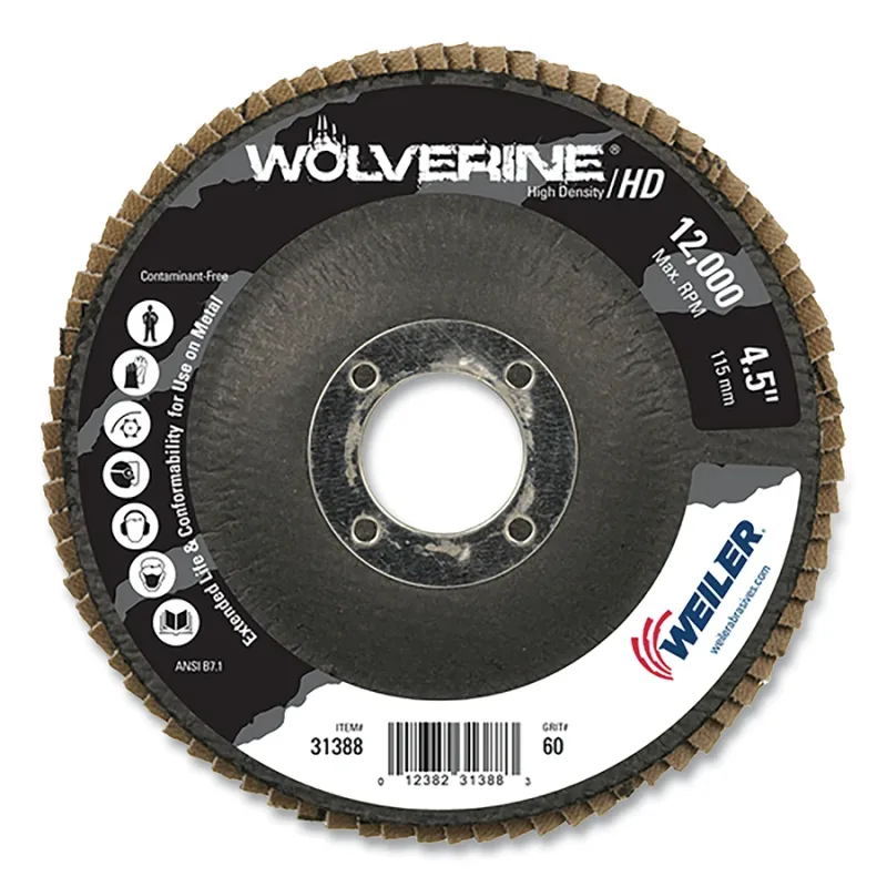 Wolverine® Abrasive Flap Disc, High Density, 4-1/2 in dia x 7/8 in Arbor, 60 Grit, Flat