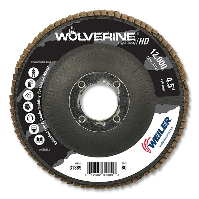 Wolverine® Abrasive Flap Disc, High Density, 4-1/2 in dia x 7/8 in Arbor, 80 Grit, Flat