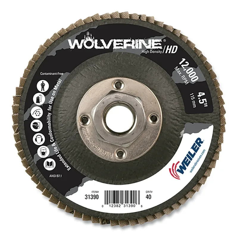 Wolverine® Abrasive Flap Disc, High Density, 4-1/2 in dia x 5/8 in-11 UNC Arbor, 40 Grit, Flat